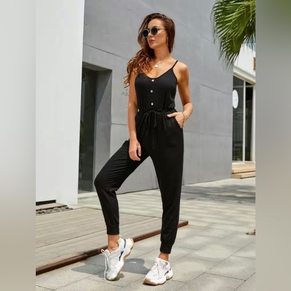 Unbranded Pants - 🆕 Button Front Spaghetti Jumpsuit Sleeveless Drawstring Solid Long Length Small